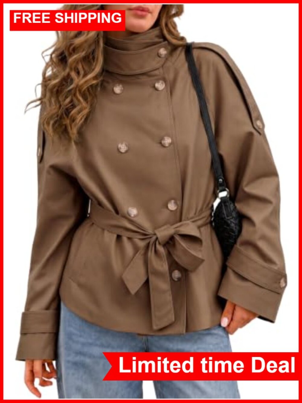 Women's Short Trench Coat Double Breasted Belted Fall Jacket Polyester Viscose